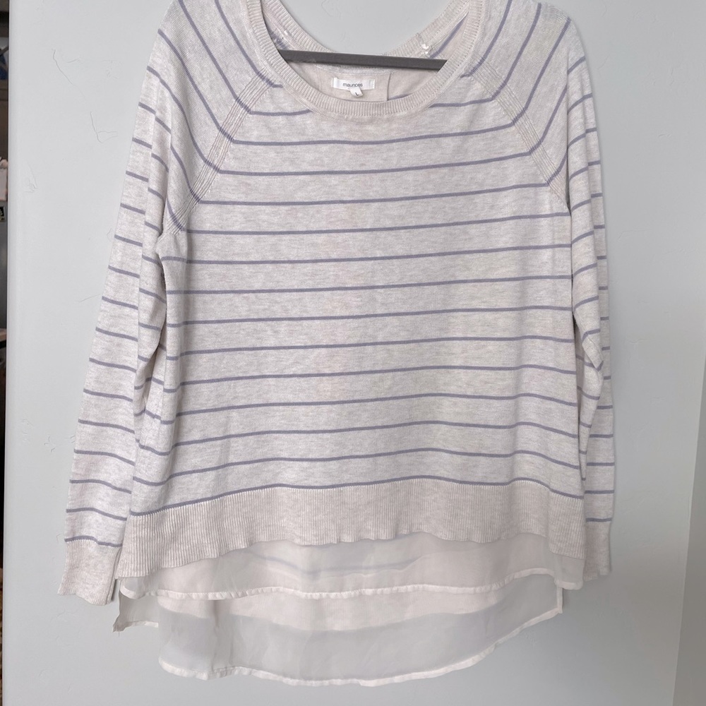 BEAUTIFUL MAURICES CREAM/BEIGE SWEATER WITH PURPLE STRIPES AND SHEER UNDERLAY